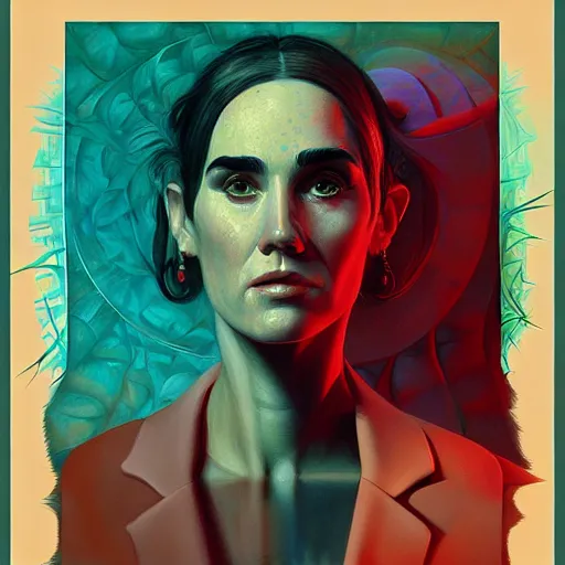 Prompt: Fractal portrait of Jennifer Connelly, pop surrealism, Houdini arithmetic generative art, very coherent, painted by Edward Hopper, Wayne Barlowe, painted by James Gilleard, airbrush, art by JamesJean