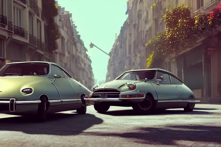 Image similar to a wholesome beautiful animation key shot of!! one!! focused!! 1 9 7 4 citroen ds!! in a paris street, medium wide shot, studio ghibli, ( pixar ) and disney animation, sharp, very detailed, high resolution, rendered in unreal engine 5, anime key art by greg rutkowski, bloom, dramatic lighting