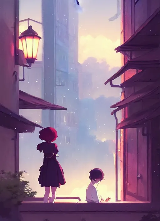 Prompt: boy kiss girl from a window where vine around. sad night, narrow street. illustration concept art anime key visual trending pixiv fanbox by wlop and greg rutkowski and makoto shinkai and studio ghibli