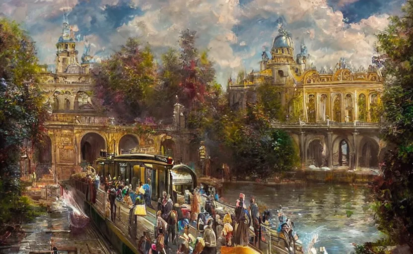 Image similar to An urban train rides inside of a waterway on a fantasy city, next to a fountain and a mystical palace. By Konstantin Razumov, horror scene, highly detailded