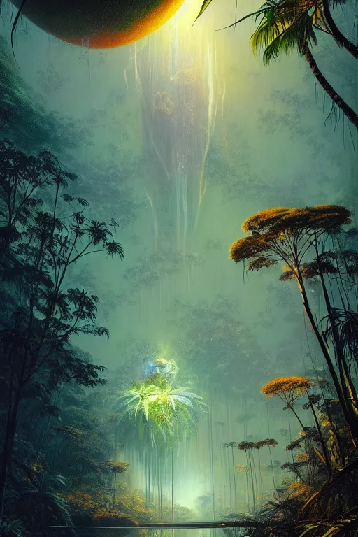 Image similar to a tropical forest suspended in space, meteor shower, tone mapped, shiny, intricate, cinematic lighting, highly detailed, digital painting, artstation, concept art, smooth, sharp focus, illustration, art by arthur haas and bruce pennington and john schoenherr