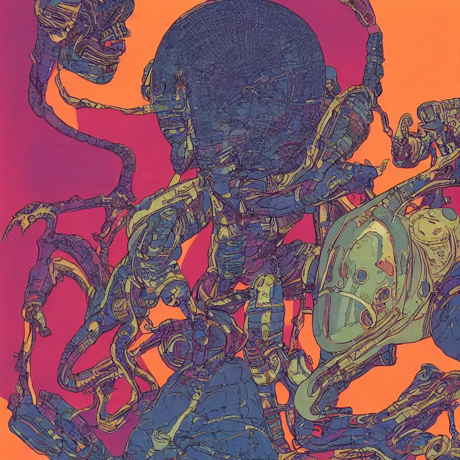 Prompt: ( an alien king and an astronaut talking face to face, overdetailed art, colorful, record jacket design ) by mœbius