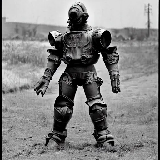 Prompt: war photography usa fission powered power armor 1 9 5 0 s