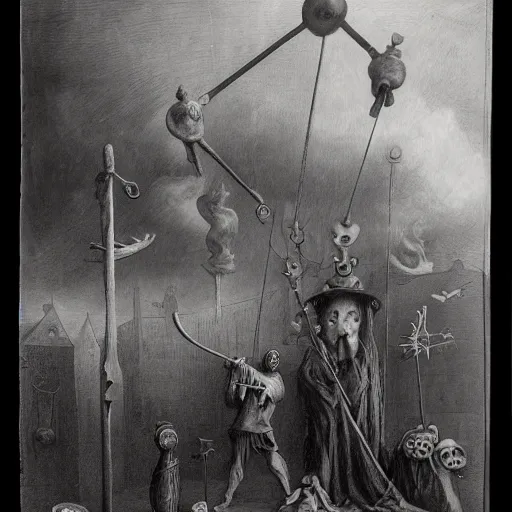 Prompt: plague doctors in the mist with weird rube goldberg machines, minimalist, joel peter witkin, heironymus bosch, gustave dore, beksinski, giger