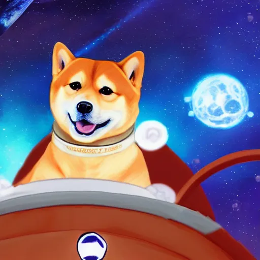 Image similar to cute shiba in an astronaut suit steering a flying ship, treasure planet style, digital art, 4 k, realistic, vivid colors