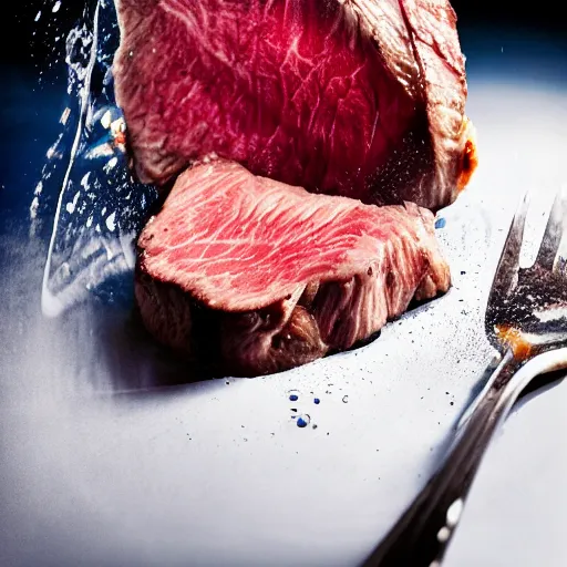 Prompt: a steak splashing into a pitcher of water, food photography gourmet, trendy food, macro photography, high contrast, slow - mo high speed photography