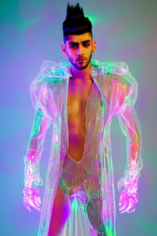 Image similar to full-body rococo and cyberpunk delicate crystalline sculpture of attractive muscular iridescent Zayn Malik as a humanoid deity wearing a thin see-through plastic hooded cloak sim roupa, posing like a superhero, glowing pink face, crown of white lasers, large diamonds, swirling black silk fabric. futuristic elements. oozing glowing liquid, full-length view. space robots. human skulls. throne made of bones, intricate artwork by caravaggio. Trending on artstation, octane render, cinematic lighting from the right, hyper realism, octane render, 8k, depth of field, 3D