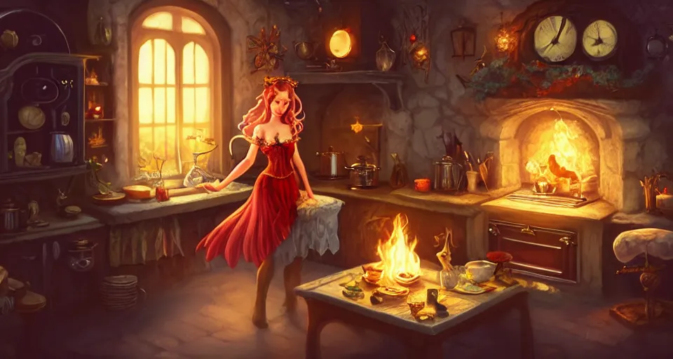 Image similar to a close - up of a fairy in a vintage magical kitchen, with a fireplace in the background d & d, fantasy, intricate, elegant, digital painting, artstation, concept art, smooth, sharp focus, sticker illustration