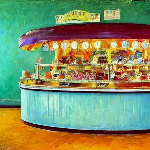 Prompt: a colorful fanciful ice cream parlor counter, by lenoid afremov, by thomas eakins