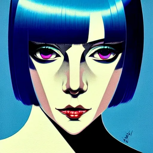 Prompt: woman with bobcut haircut with friendly blue eyes and slim features looking askance while smoking, underground box office hit, satire and seventies italian horror movie, intricate, ultra detailed 8 k, best, cool, extremely beautiful and aesthetic shape of face and neck, art by hiroaki samura and ilya kuvshinov and rossdraws and andy warhol, inverted