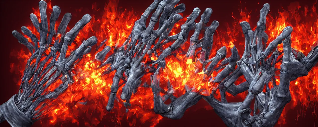 Prompt: atomic, flaming heart held by skeletal metal hands, anatomical, expressive, 3 d rendering, speedpainting
