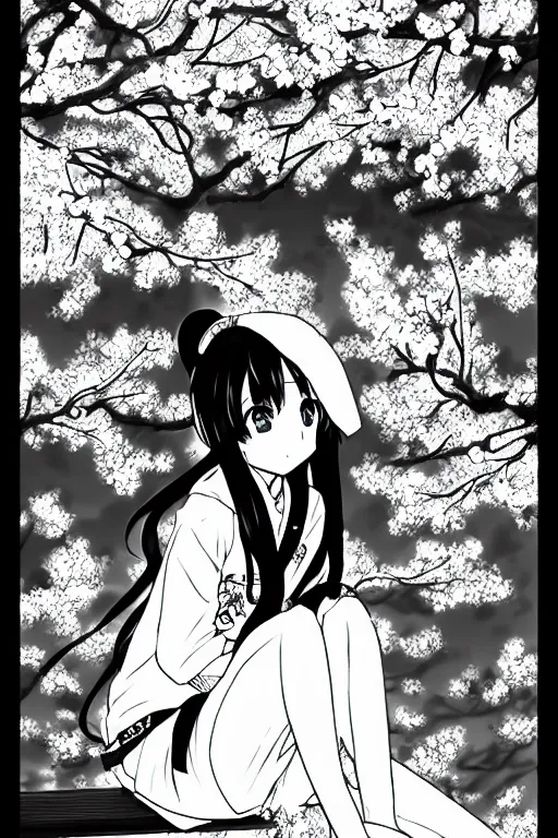 Prompt: black and white manga page, highly detailed pen, sharp high quality anime, shoujo romance, girl with long dark hair in sailor uniform, sitting on bench, cherry blossom tree in background with petals floating, drawn by Atsushi Ohkubo