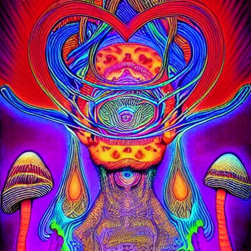 Prompt: Terence McKenna reincarnated as a magic mushroom. in style of Alex Grey, detailed, blacklight poster