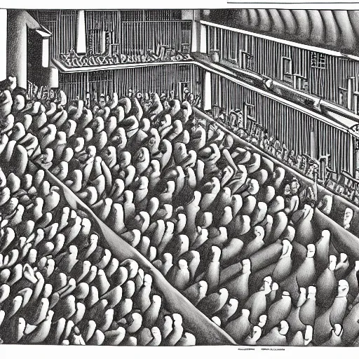 Image similar to a m. c. escher style drawing of a nightclub filled with people