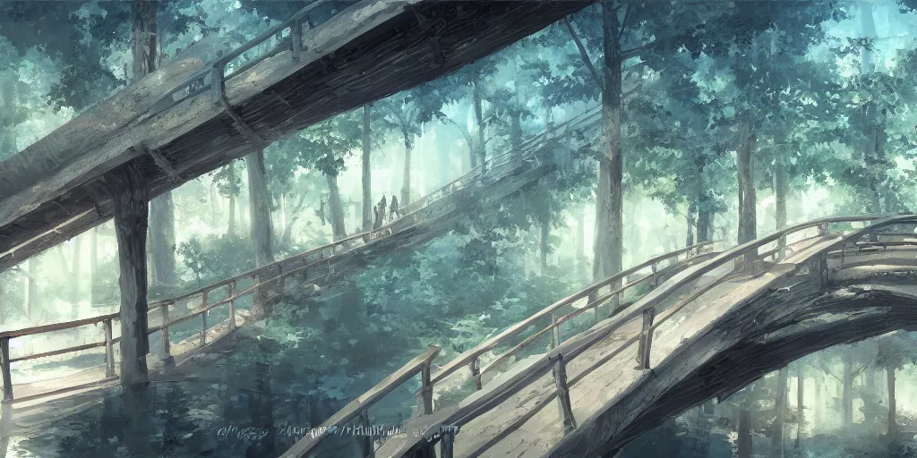 Prompt: a footbridge, cinematic angle, studio Ghibli, cinematic lighting, digital art, detailed oil painting, hyperrealistic, 8k