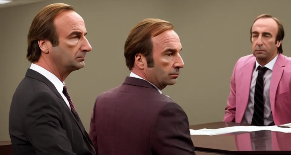 Prompt: saul goodman wearing a dark pink suit in court, still from better call saul