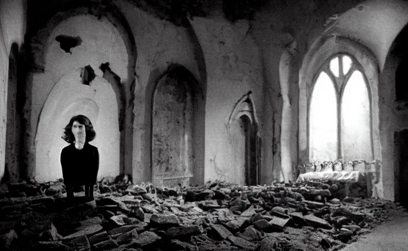 Image similar to contemplation of a crumbling chapel, still from an old surrealist black and white movie directed by Jan Svankmajer, Béla Tarr, Ingrid Bergman and Robert Wiene. Dark background, dramatic lighting, detailed, cinematic