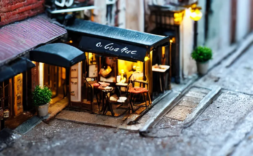 Image similar to miniature cafe diorama macro photography, cafe for mice, alleyway, ambient, atmospheric, british, bokeh, romantic