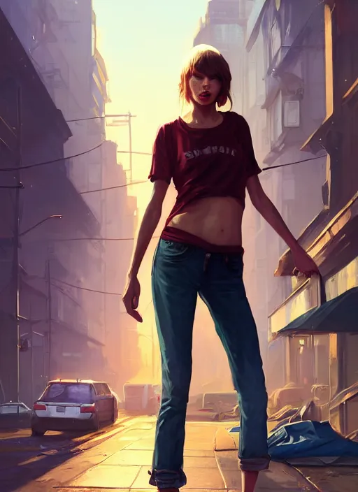 Image similar to Highly detailed full-body portrait of homeless Taylor Swift, in GTA V, Stephen Bliss, unreal engine, fantasy art by Greg Rutkowski, Loish, Rhads, Makoto Shinkai and Lois van baarle, ilya kuvshinov, rossdraws, Tom Bagshaw global illumination, radiant light, detailed and intricate environment