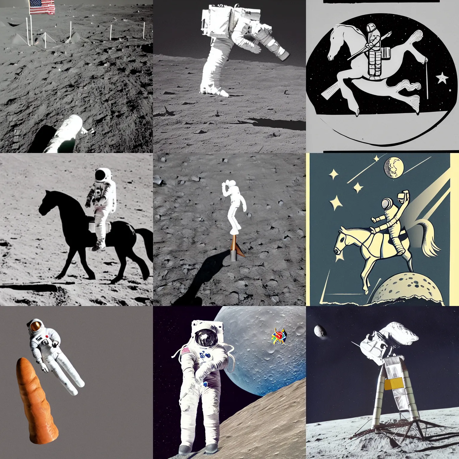 Prompt: horse leg standing on the head of the astronaut on the moon,