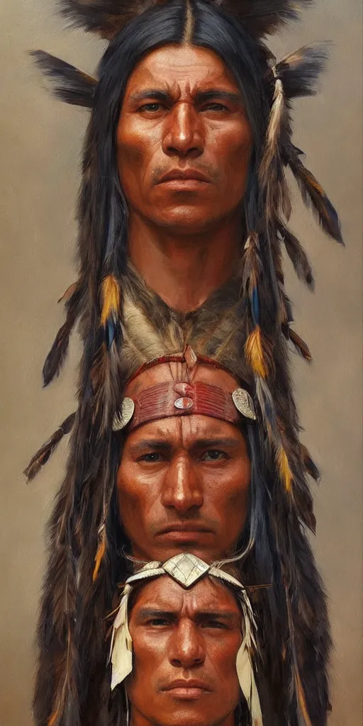 Image similar to a stunning and noble highly detailed portrait of a native american warrior by josep tapiro baro and edward hopper, trending on artstation, oil painting masterpiece, symmetry, mysterious, very very very aesthetic