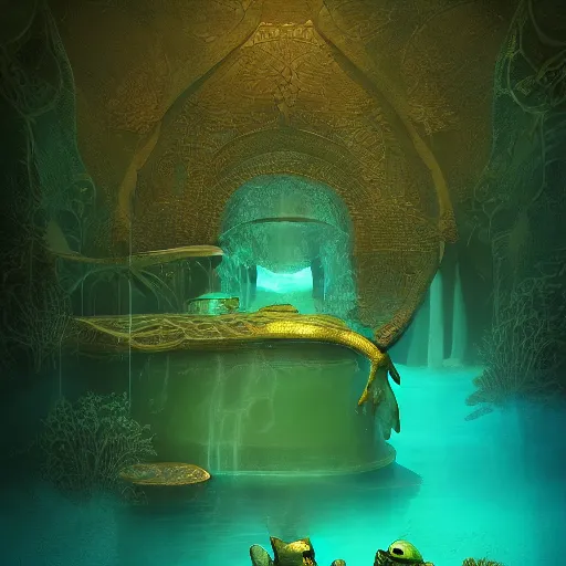 Image similar to beautiful symmetrical an old silent pond frog jumps into the pond splash! silence again, surrounded by machine axonometric fantasy intricate elegant highly detailed in volumetric void of latent space lush flowers surround, realm of the gods golden turquoise steampunk, high contrast cinematic light, mystical shadows, octane render, photographic, concept art, art high renaissance art, unreal engine 8 k