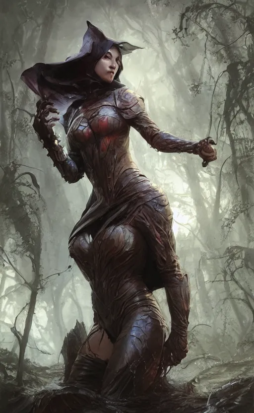 Prompt: girl with black ears and cape dive into swamp, front game card, drark, marvel comics, dark, intricate, highly detailed, smooth, artstation, digital illustration by ruan jia and mandy jurgens and artgerm and wayne barlowe and greg rutkowski and zdislav beksinski