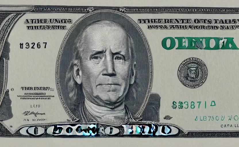 Prompt: rectangular photograph of ten dollar u. s. currency note featuring president biden