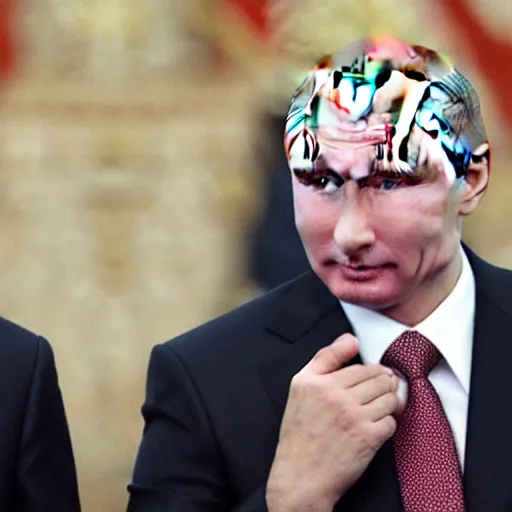 Image similar to putin teams up with a mysterious teenage putin, perfect faces