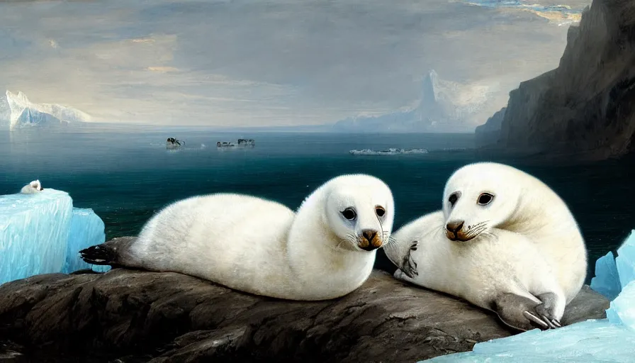 Image similar to highly detailed painting of cute furry white baby seal goose lions cuddling into each other on a blue and white iceberg by william turner, by greg rutkowski, by william constable, thick brush strokes and visible paint layers, 4 k resolution