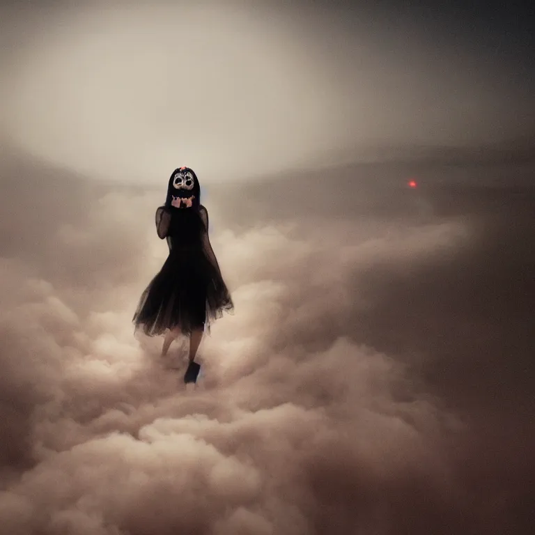 Image similar to The full body shot of beautiful pale woman with many flowers and full-face black mask inside a thick cloud black smoke in rocky desert landscape, glowing eyes, falling star on the horizon by Christopher Doyle, Gaspar Noe, Alejandro Jodorowsky, anamorphic lens, cinematic composition, award winning photo, 8k