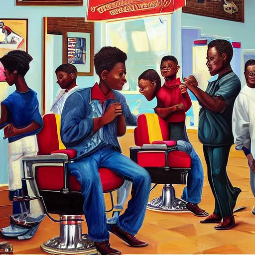 Image similar to a detailed oil painting of a busy african-american barbershop with people getting haircuts, in the style of Kadir Nelson and Normal Rockwell