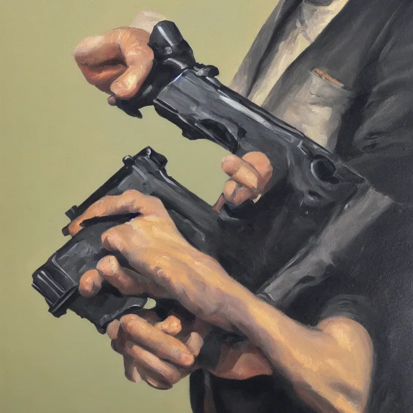 Image similar to oil painting of a human hand holding a gun