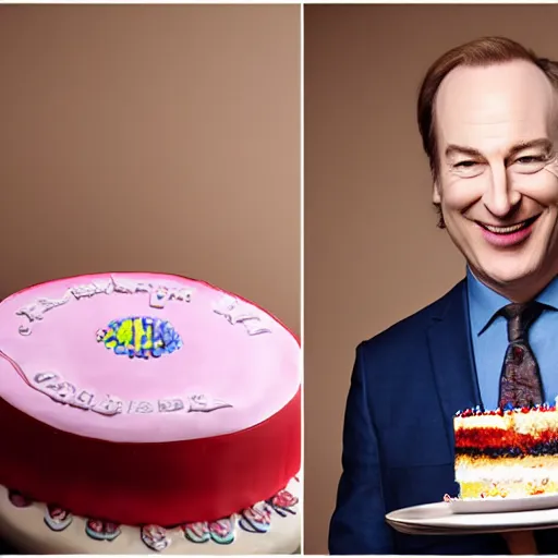 Prompt: bob odenkirk, smiling, holding a birthday cake, studio photograph, cinematic lighting