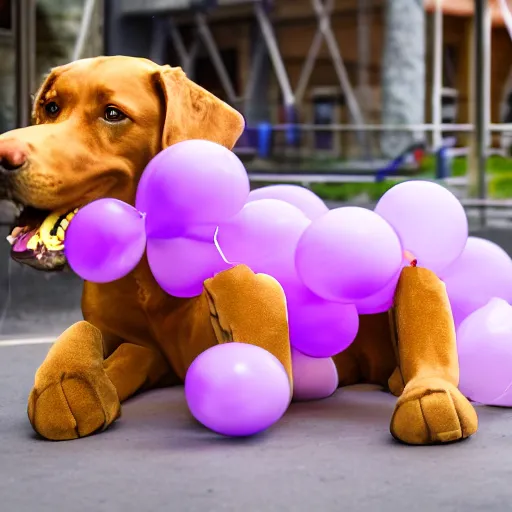 Prompt: a high resolution photograph of a purple balloon animal of a dog