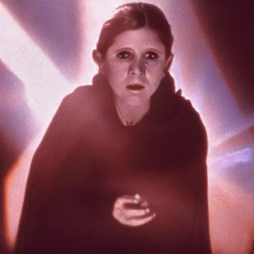 Image similar to film still of carrie fisher as a kid in new star wars movie, dramatic lighting, highly detailed face, kodak film, wide angle shot,