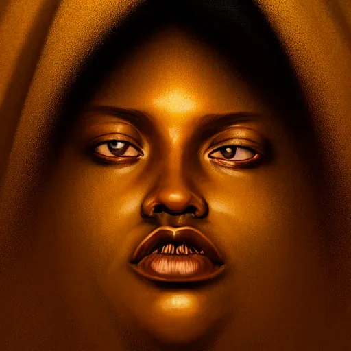 Image similar to a portrait of a young black woman wearing a long dark cloak, hood and shadows covering face, anatomically correct, beautiful perfect face, enigmatic, oil painting, matte painting, black background, Volumetric Golden dappled dynamic lighting, Highly Detailed, Cinematic Lighting, Unreal Engine, 8k, HD, by Beksinski