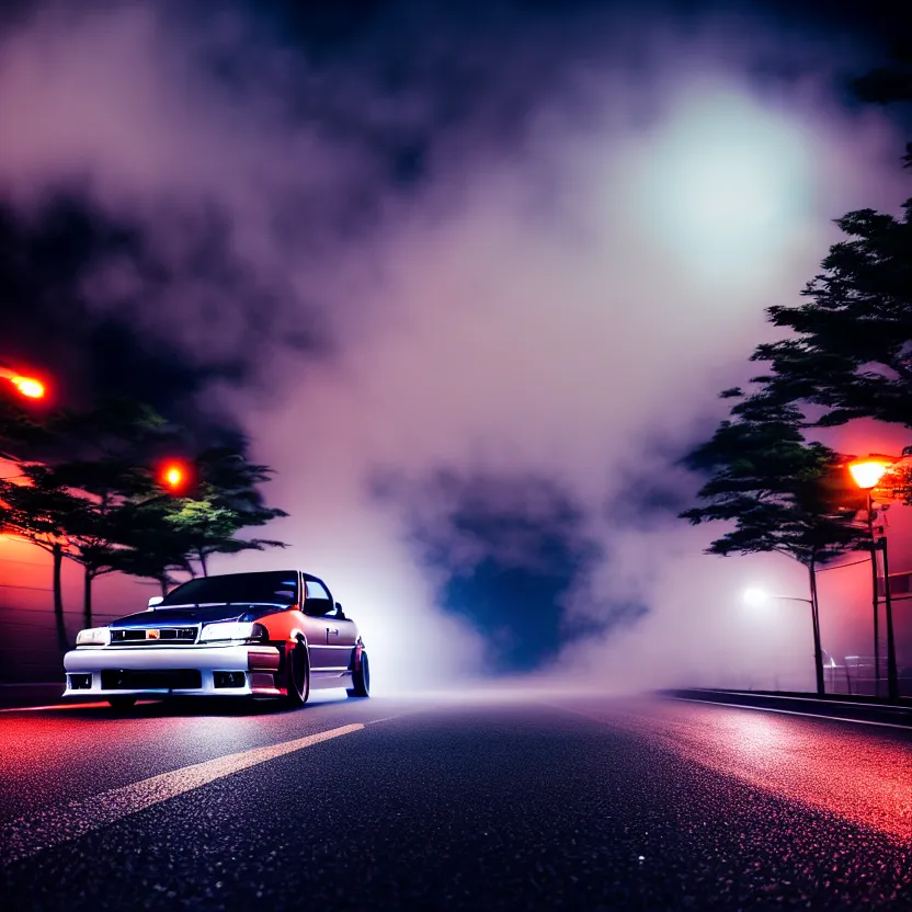 Image similar to one car JZX90 twin turbo drift middle of empty street, misty kanagawa prefecture, night, cinematic color, photorealistic, highly detailed,