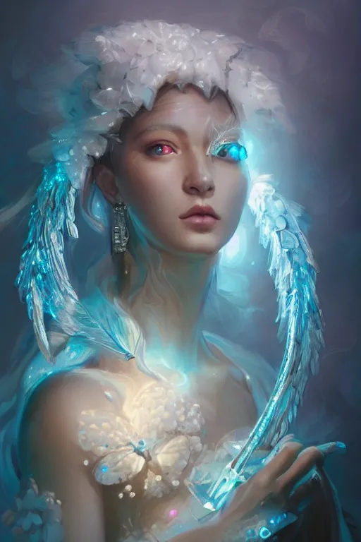 Prompt: beautiful turtle wearing crystal white feathers, diamonds, angel, fantasy, dramatic lighting, highly detailed, digital painting, holding ice, magic the gathering, hyper detailed, 3 d render, hyper realistic detailed portrait, peter mohrbacher, wlop, ruan jia