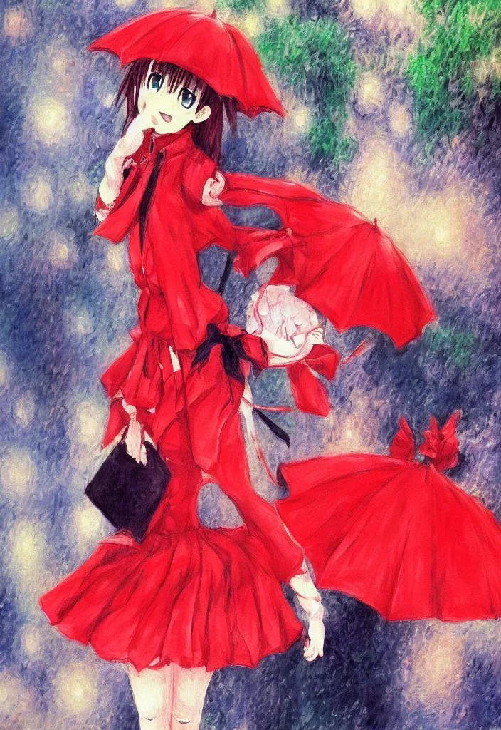 Image similar to medium shot portrait, a cute red outfit, tokyo anime scene, very anime in impressionist style, anime trending artwork, anime painter studio, by claude monet