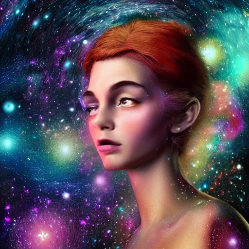 Image similar to portrait of a magical fairy made of galaxies, highly detailed, realistic, octane render, comic book art, space travel