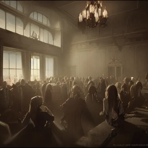 Prompt: A room full of people, vampires, high ceiling, victorian, soft light, ominous, photorealistic, detailed, 8k