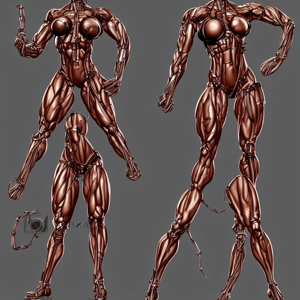 Image similar to character design, bodybuilder female terminator, open mechanical, electronics, veins, cables, rust, sparks