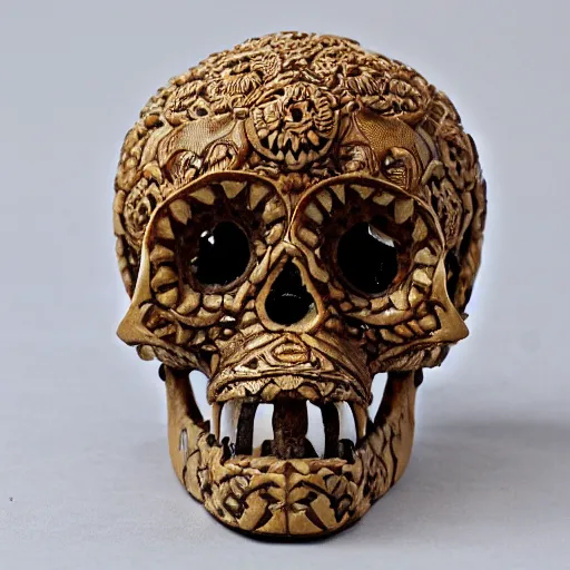 Prompt: intricately carved human skull, intricate ornament, baroque style, Oriental ornament