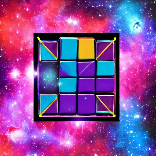 Prompt: a cosmic rubik's cude, nebula, galaxies, stars, outer - space ( cyan, pink, purple, orange )