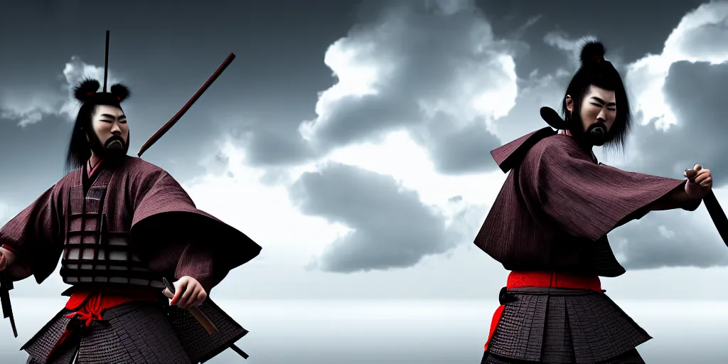 Image similar to a 3 d render of a mystical samurai, clouds, digital illustration, cinematic lighting, detailed, mysterious,