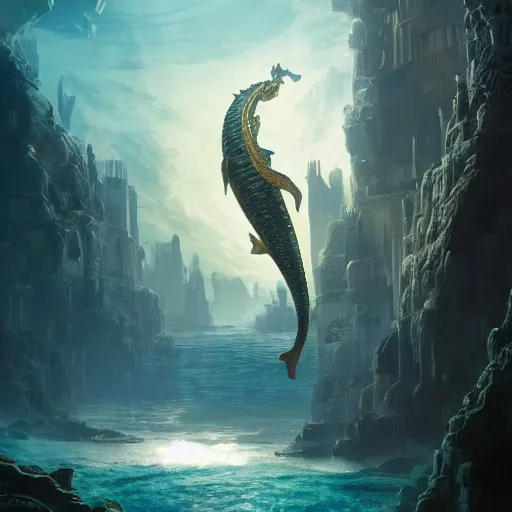 Prompt: a mermaid looking at a giant seahorse above the city of atlantis, by Cedric Peyravernay, highly detailed, excellent composition, cinematic concept art, dramatic lighting, trending on ArtStation