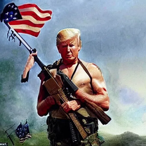 Image similar to Donald Trump as Rambo, holding the head of Biden in left hand and the American flag in right hand, post apocalyptic, wartorn, matte painting, masterpiece