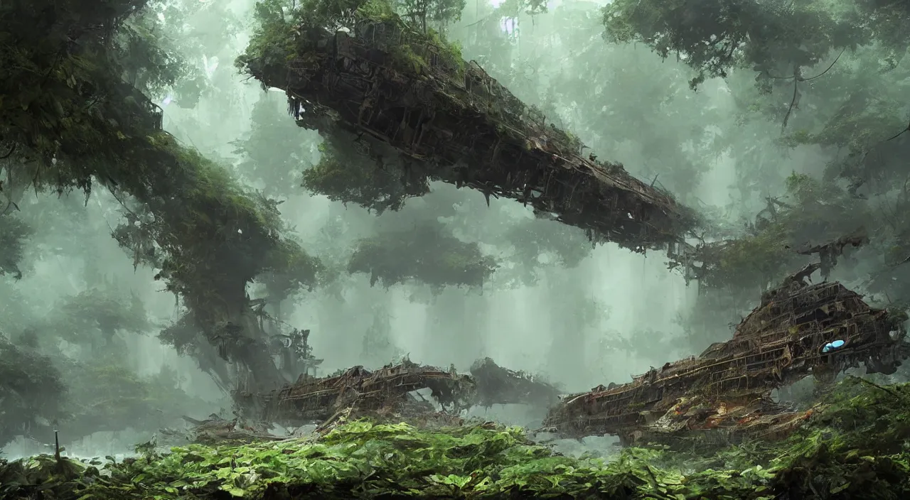 Prompt: rusty ship wreck in a lush forest, sci-fi, ivy, moss, concept art by Ruan Jia and Greg Rutkowski and Sparth, global illumination