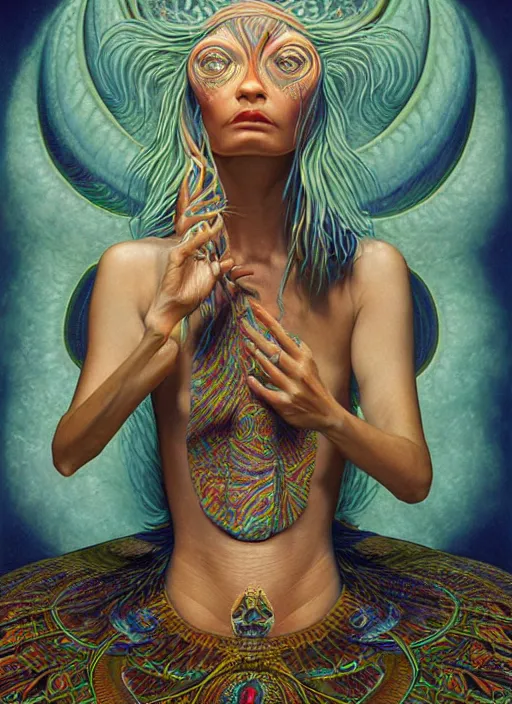 Image similar to portrait ultra dimensional cult woman shaman, enlightenment tripping on dmt, psychedelic experience, ultra high definition, unreal engine 5, hyperrealism, masterpiece composition, by michael parkes, casey weldon, barclay shaw